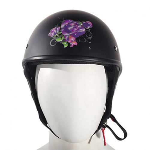 Women's Flat Black DOT Approved Helmet With Purple Rose Tribal Design