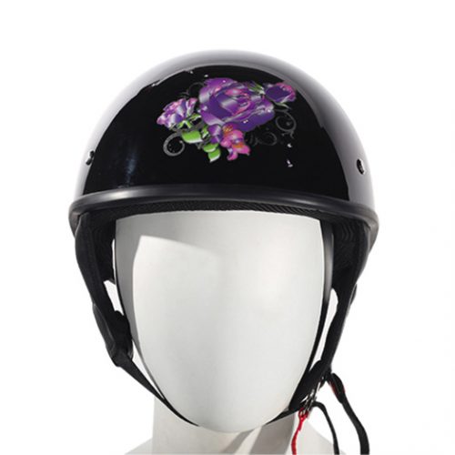 Womens Shiny Black DOT Approved Helmet With Purple Rose Design