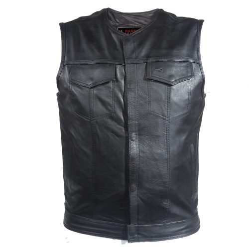 Mens No Collar Leather Club Vest With Black Liner