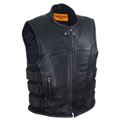 Mens Motorcycle Leather Vest With Neoprene Sides
