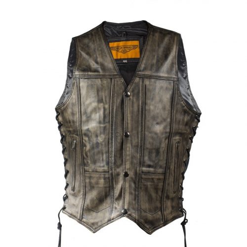 Mens Distressed Brown Motorcycle Vest With 10 Pockets