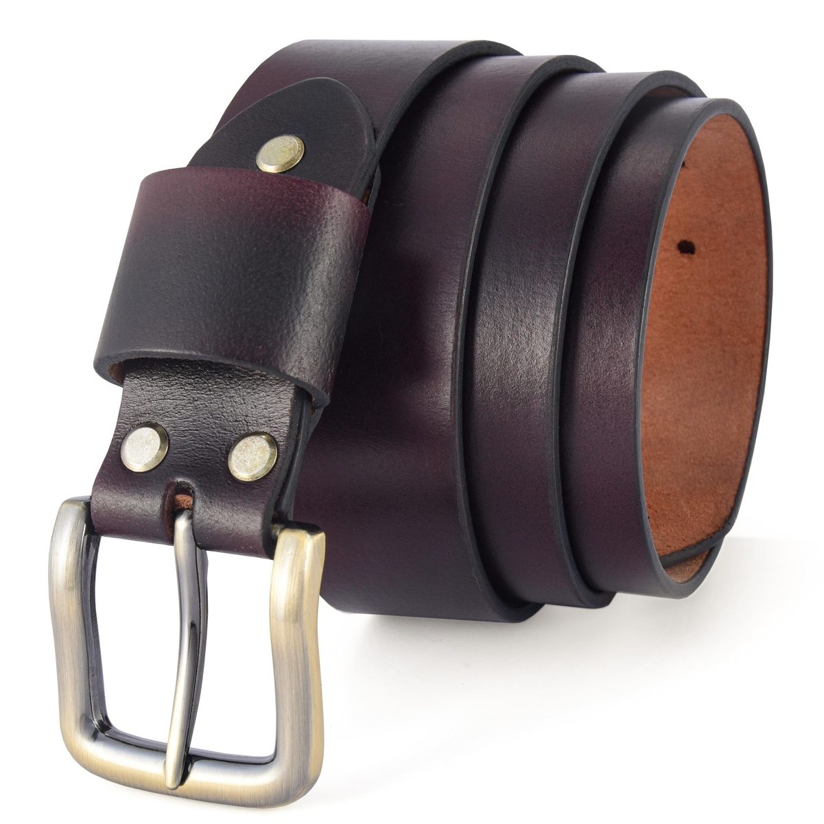 Unisex antique dark maroon full-grain leather belt with an antique gold buckle, featuring a smooth oil-waxed finish.