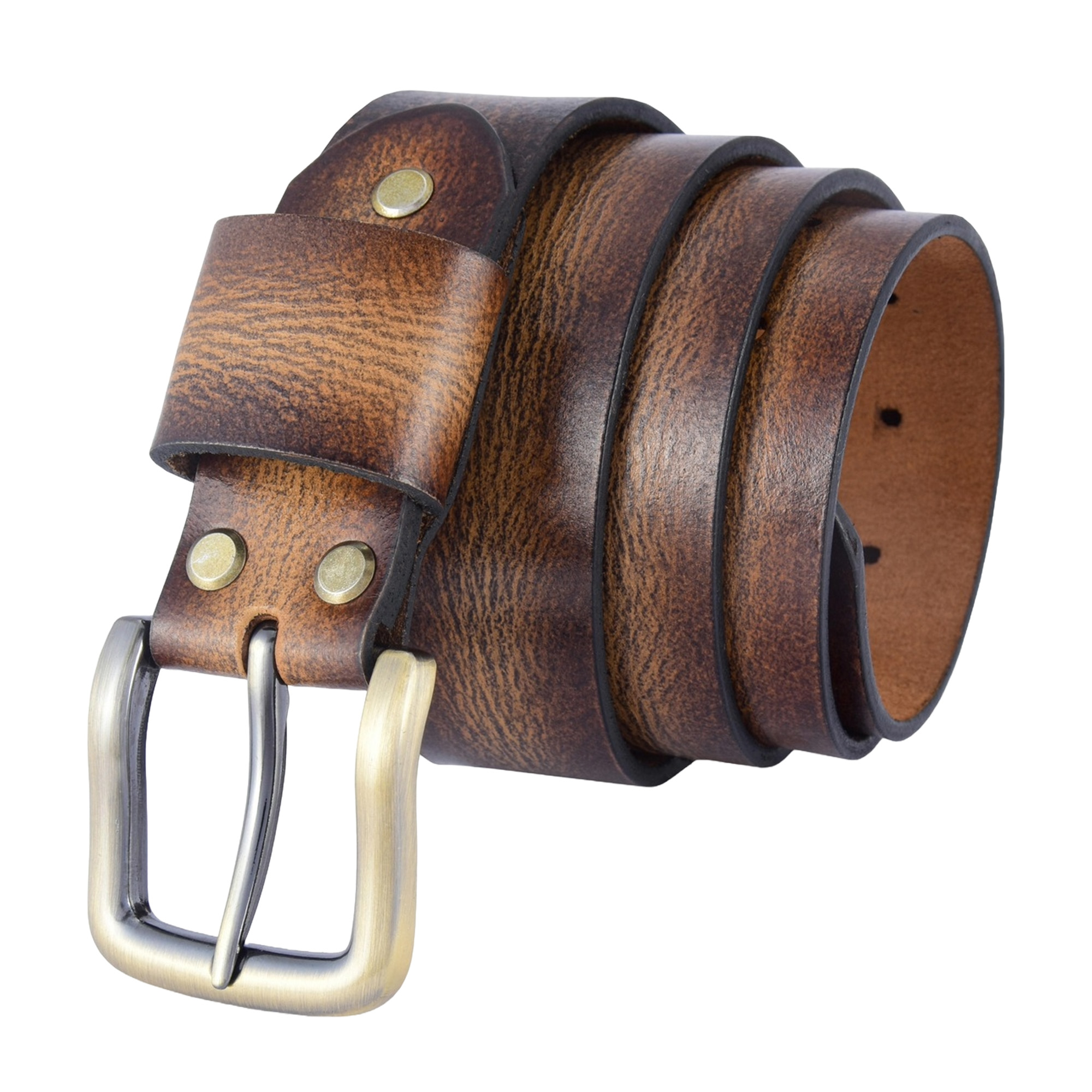 Unisex antique beige leather belt with an antique gold buckle, 1.5-inch wide, crafted from full-grain, oil-waxed leather.