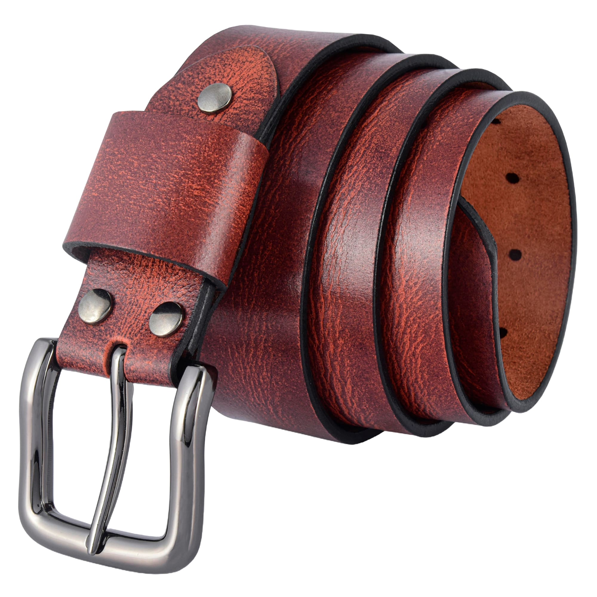 An antique maroon full-grain buffalo leather belt with a hand-waxed finish, featuring a shiny gunmetal buckle and burnished edges.