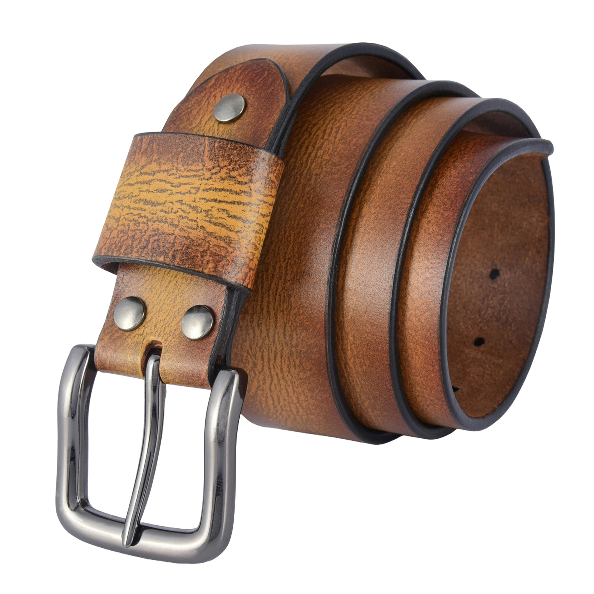 A burnt gold vintage leather belt made from full-grain hand-waxed buffalo leather, featuring a shiny gunmetal buckle.