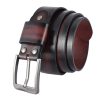 A burnt maroon vintage leather belt crafted from full-grain hand-waxed leather, featuring a shiny gunmetal silver buckle.