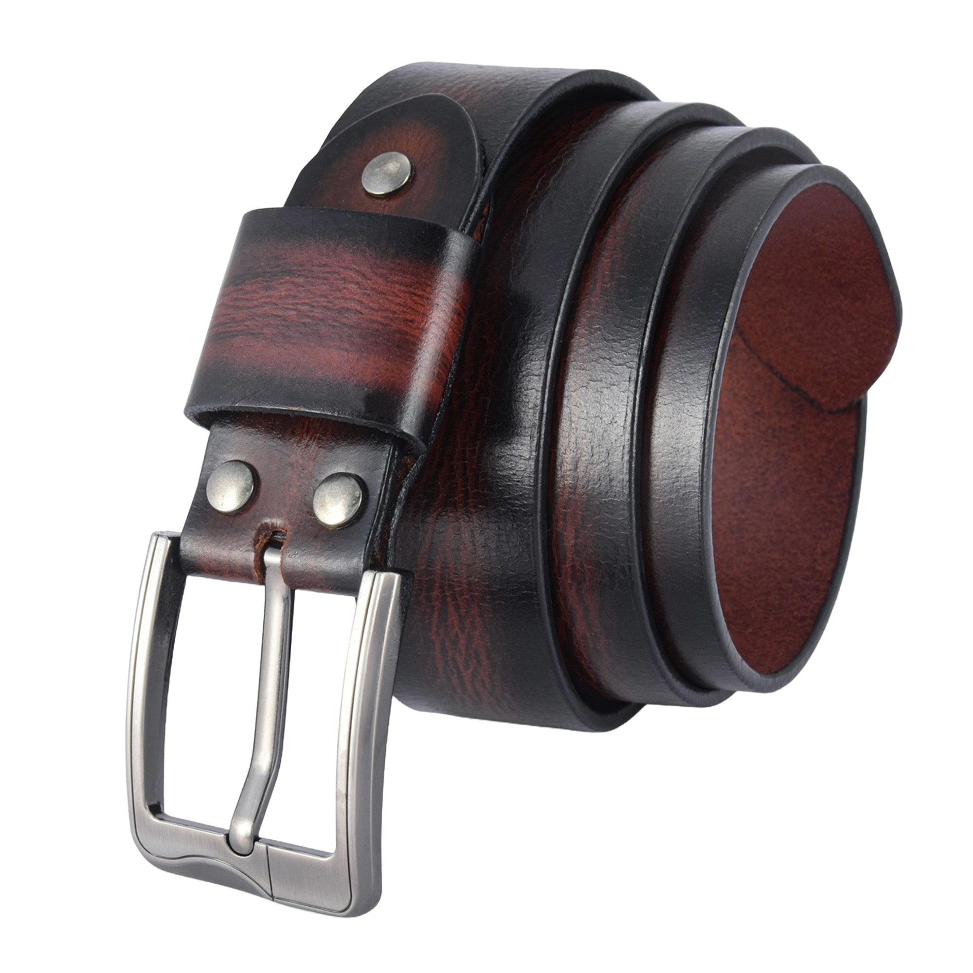 Fair Impex - Burnt Maroon - Vintage Leather Belt-2 A burnt maroon vintage leather belt crafted from full-grain hand-waxed leather, featuring a shiny gunmetal silver buckle.