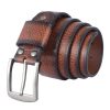 A cheetah natural milled leather belt in burnt orange with a vintage tumbled effect, featuring a gun-metal silver buckle.