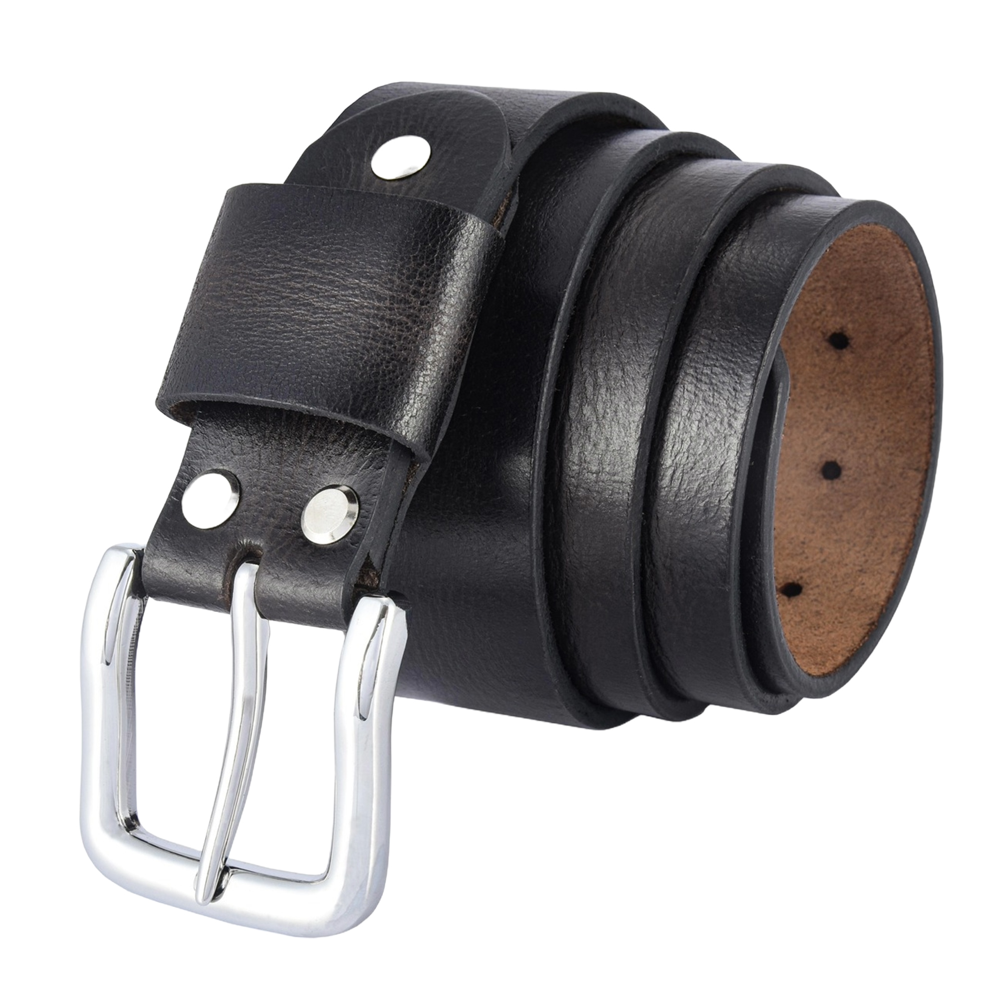 A coffee roasted vintage leather belt made from full-grain hand-waxed buffalo leather, featuring a premium chrome buckle.