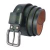A forest green vintage leather belt made from full-grain hand-waxed buffalo leather, featuring a shiny gunmetal buckle.