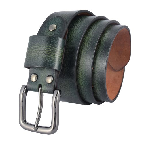 A forest green vintage leather belt made from full-grain hand-waxed buffalo leather, featuring a shiny gunmetal buckle.