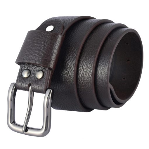 A dark choco milled leather belt crafted from full-grain buffalo leather, featuring a shiny gunmetal buckle and burnished edges