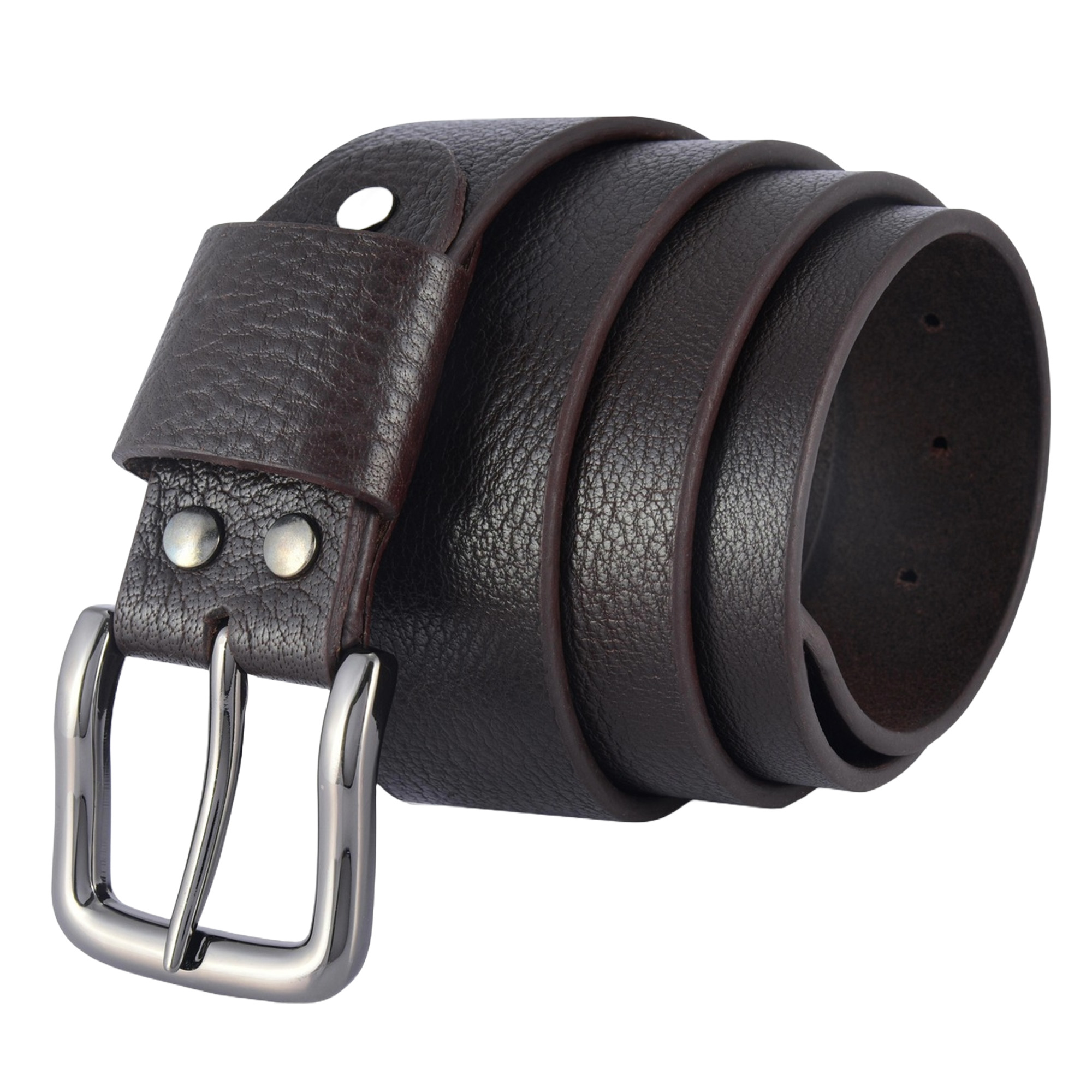 Fair Impex - Milled Brown (Dark Choco) Leather Belt-3-WB A dark choco milled leather belt crafted from full-grain buffalo leather, featuring a shiny gunmetal buckle and burnished edges
