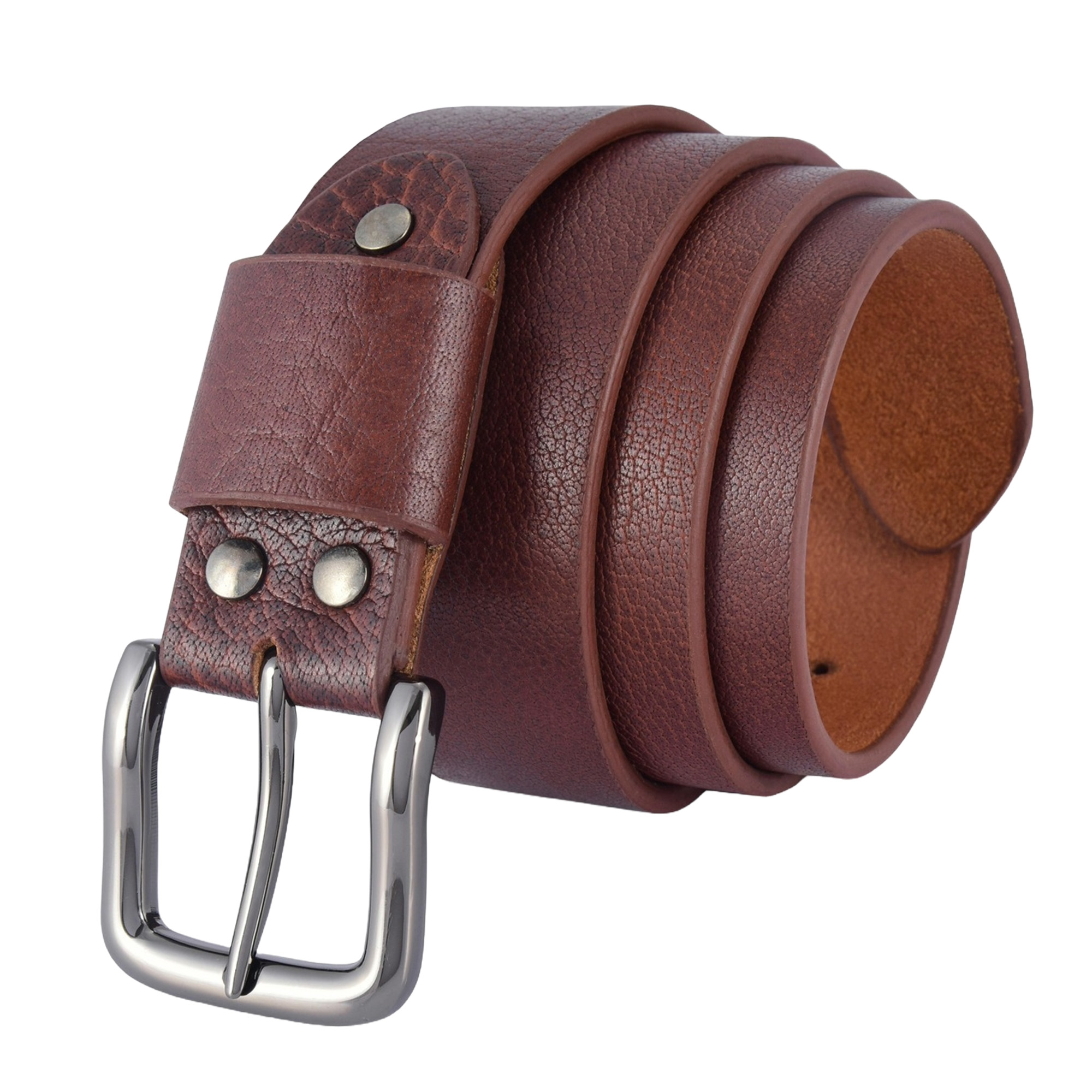 A natural milled maroon leather belt made from full-grain buffalo leather, featuring a shiny gunmetal buckle and burnished edges.