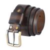 A mocha brown leather belt crafted from full-grain oil-waxed leather, featuring an antique gold buckle and burnished edges.