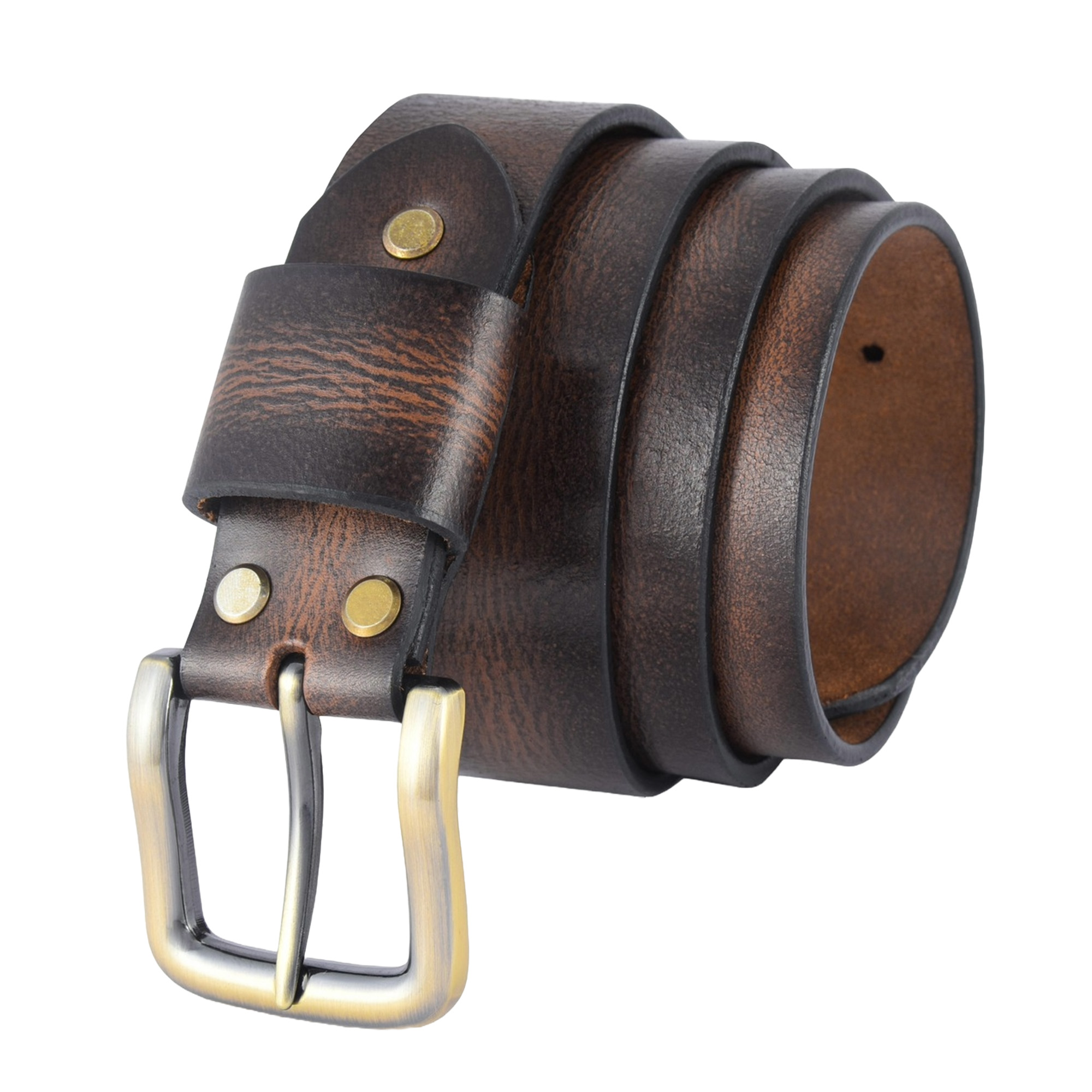 Fair Impex - Mocha Brown Pull-Up-Vintage Leather Belt-WB-4 A mocha brown leather belt crafted from full-grain oil-waxed leather, featuring an antique gold buckle and burnished edges.