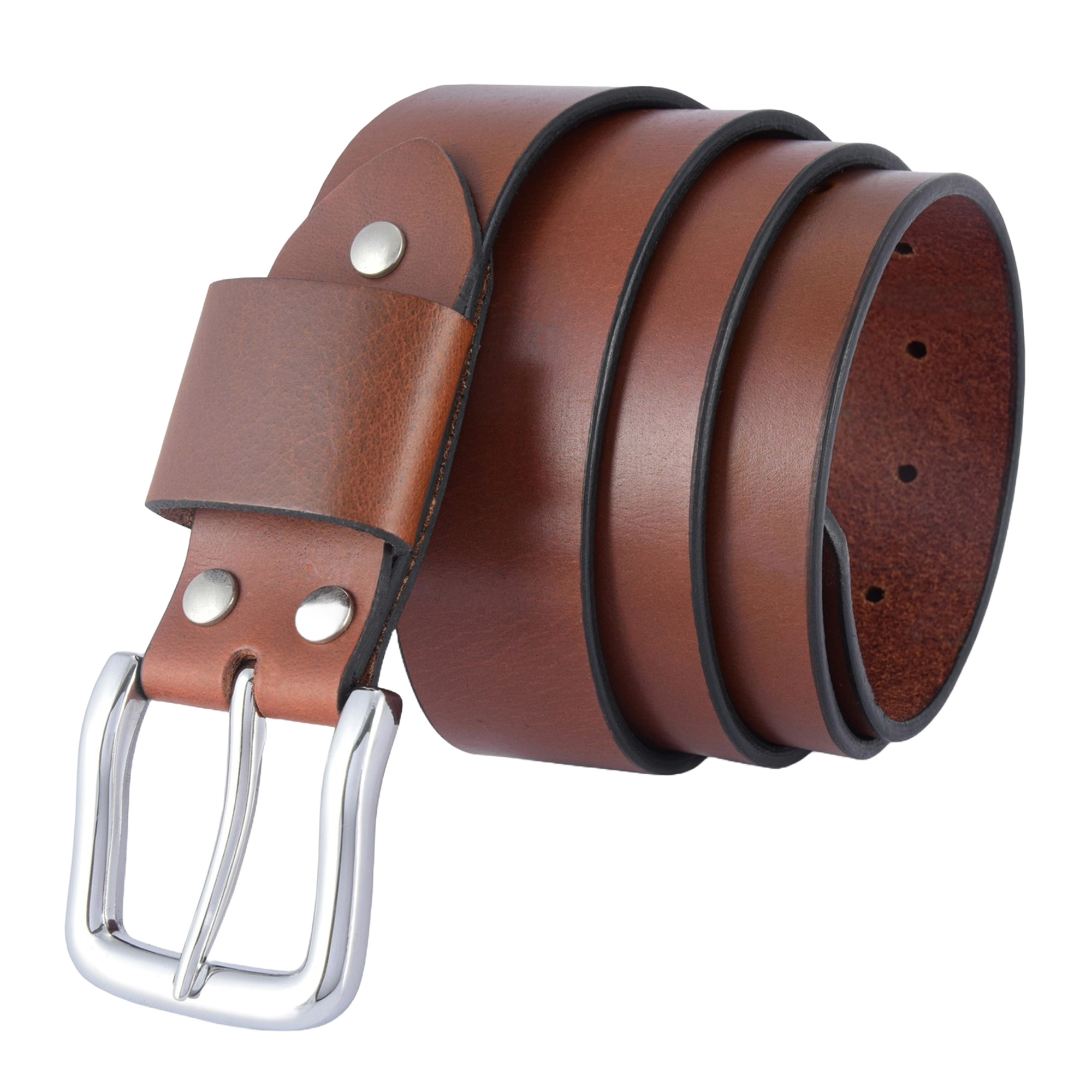 A mustard brown two-tone pull-up leather belt crafted from full-grain leather, featuring a chrome buckle and burnished edges.
