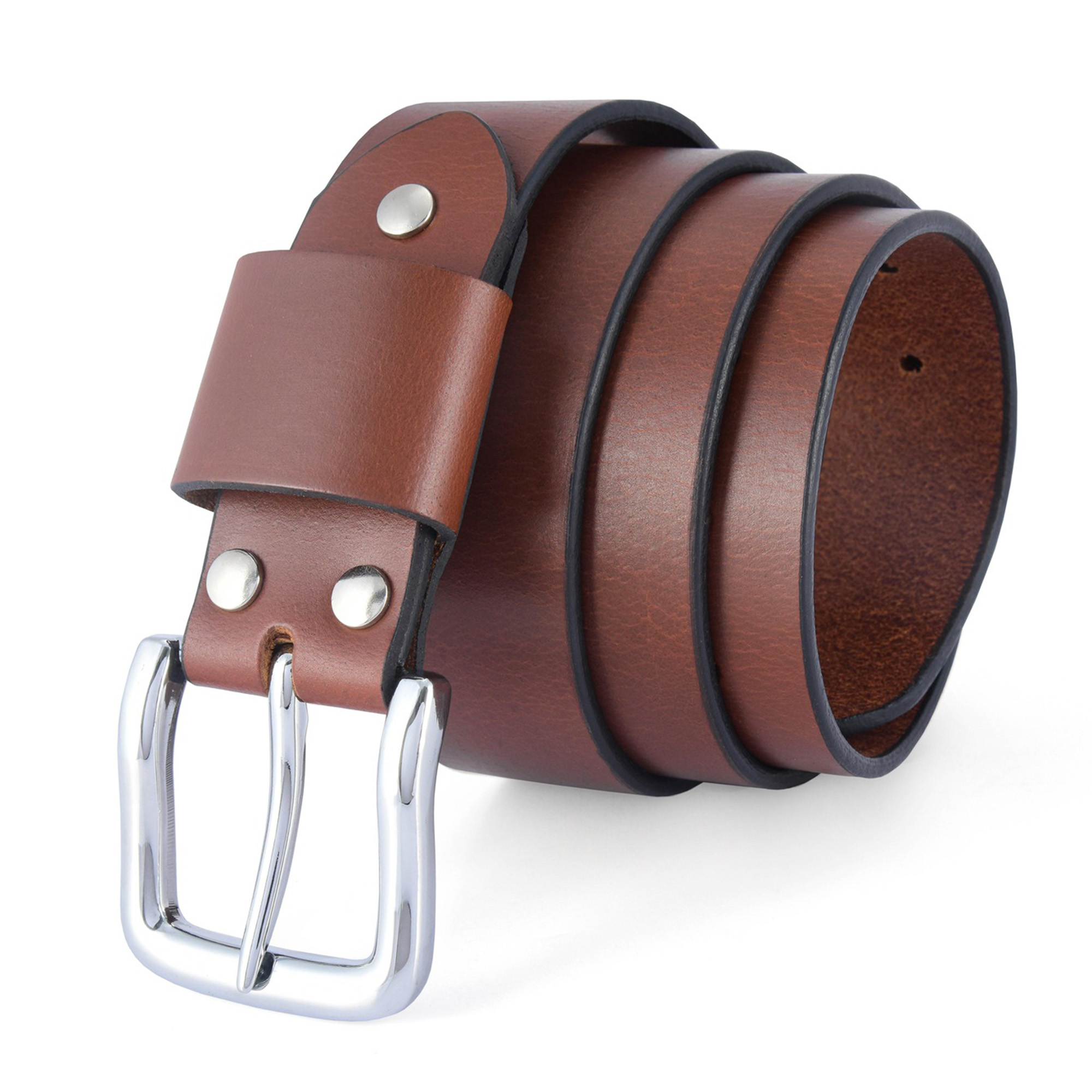 Full-grain red brown pull-up leather belt with a chrome buckle, featuring a smooth, rich patina finish.
