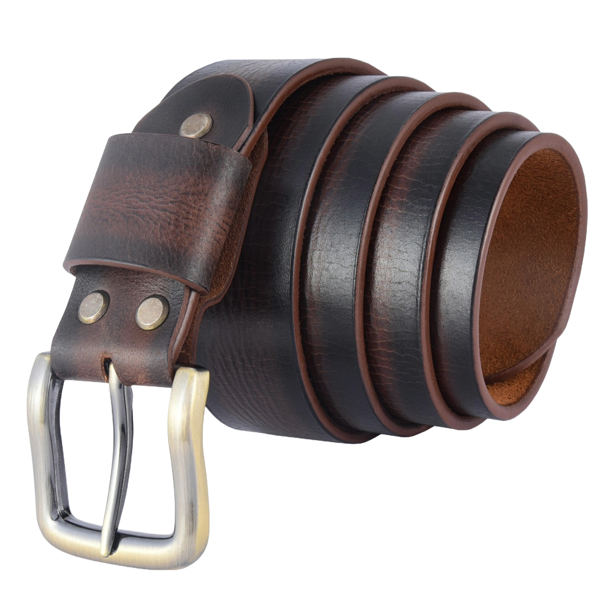 Sun antique wood brown leather belt made from full-grain oil-waxed leather, featuring an antique gold buckle with burnished edges for a timeless look.