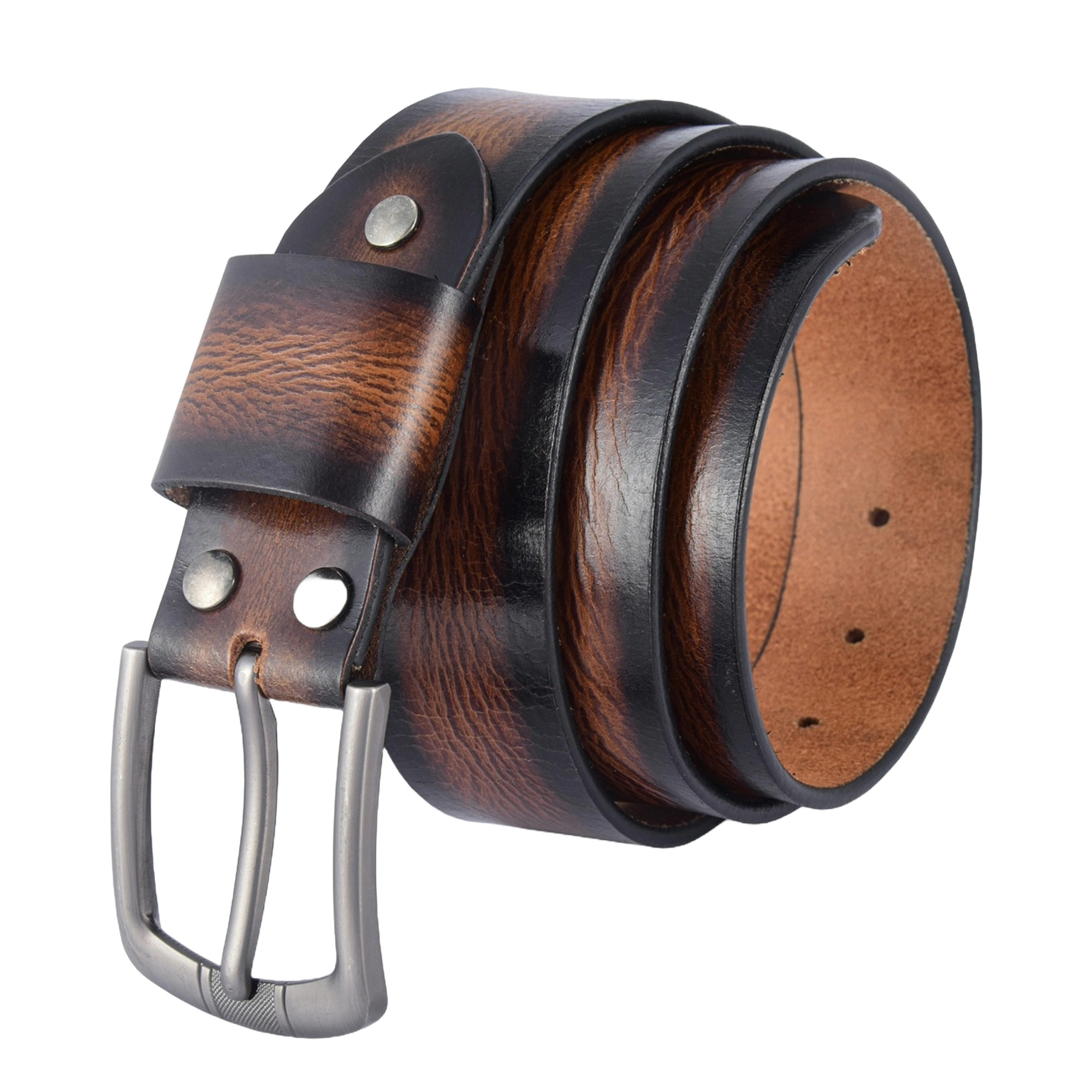 Fair Impex - Sun Wood Brown - Leather Belt -WB-5 Vintage sun wood brown leather belt made from full-grain pull-up leather, featuring a gunmetal silver buckle and burnished edges for a classic look.