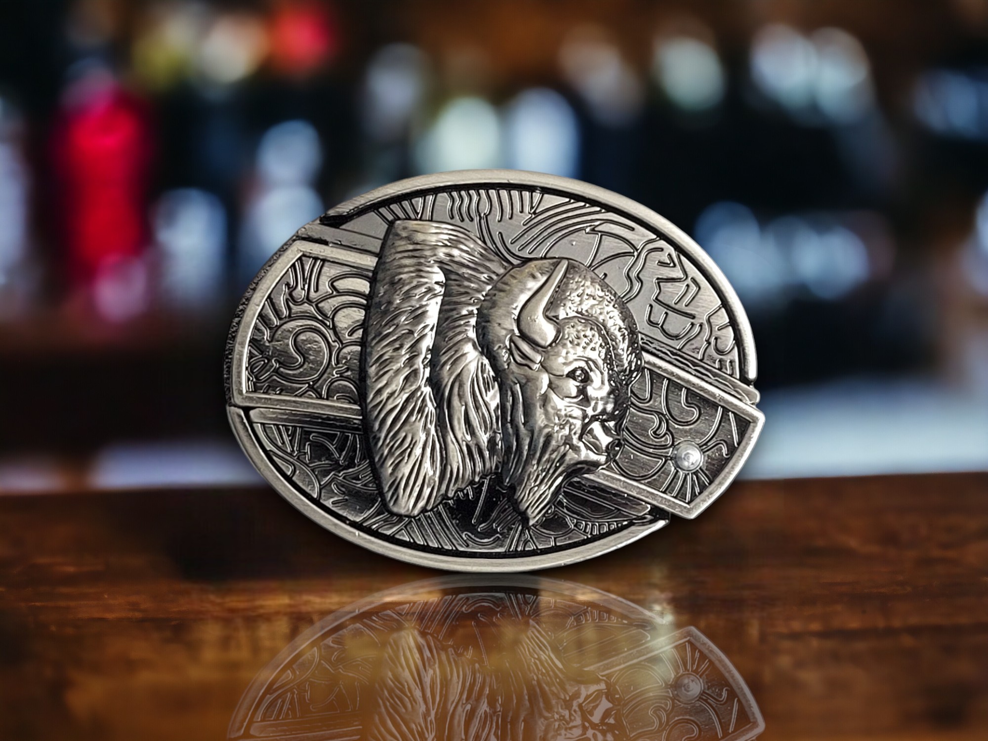 3D Bison Head Folding Knife Belt Buckle