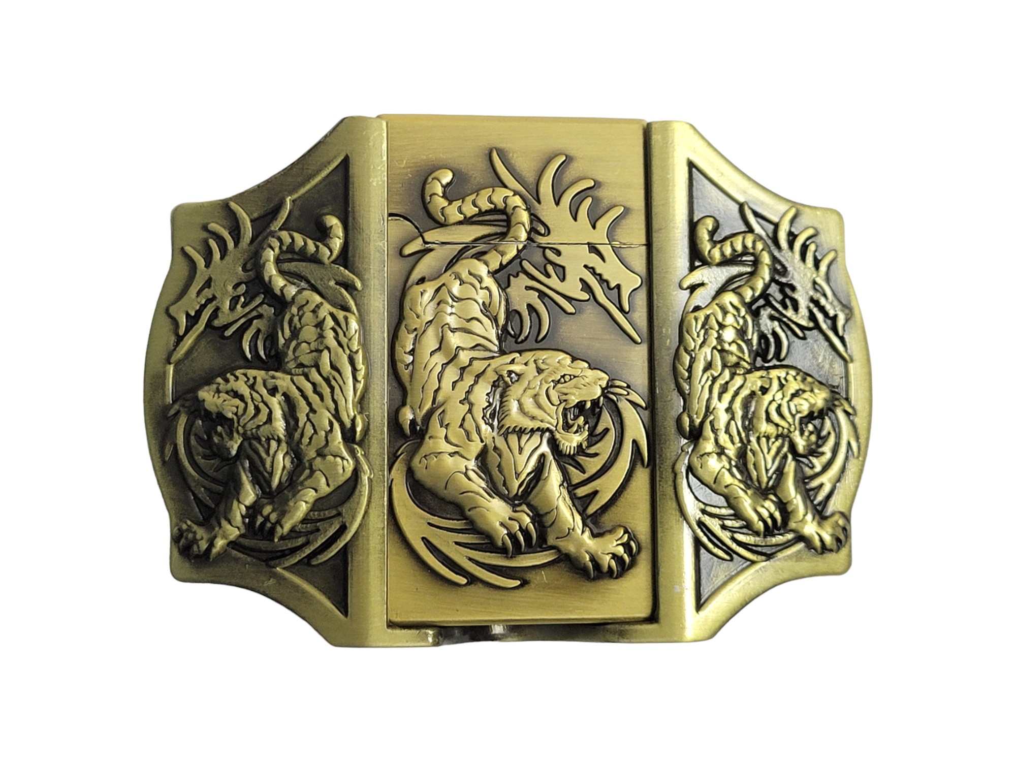 Triple Tigers Lighter Belt Buckle featuring a fierce tiger design with an integrated brass-finish lighter