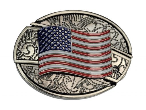 Folding Knife Belt Buckle with a bold 3D American Flag and laser engraving option.