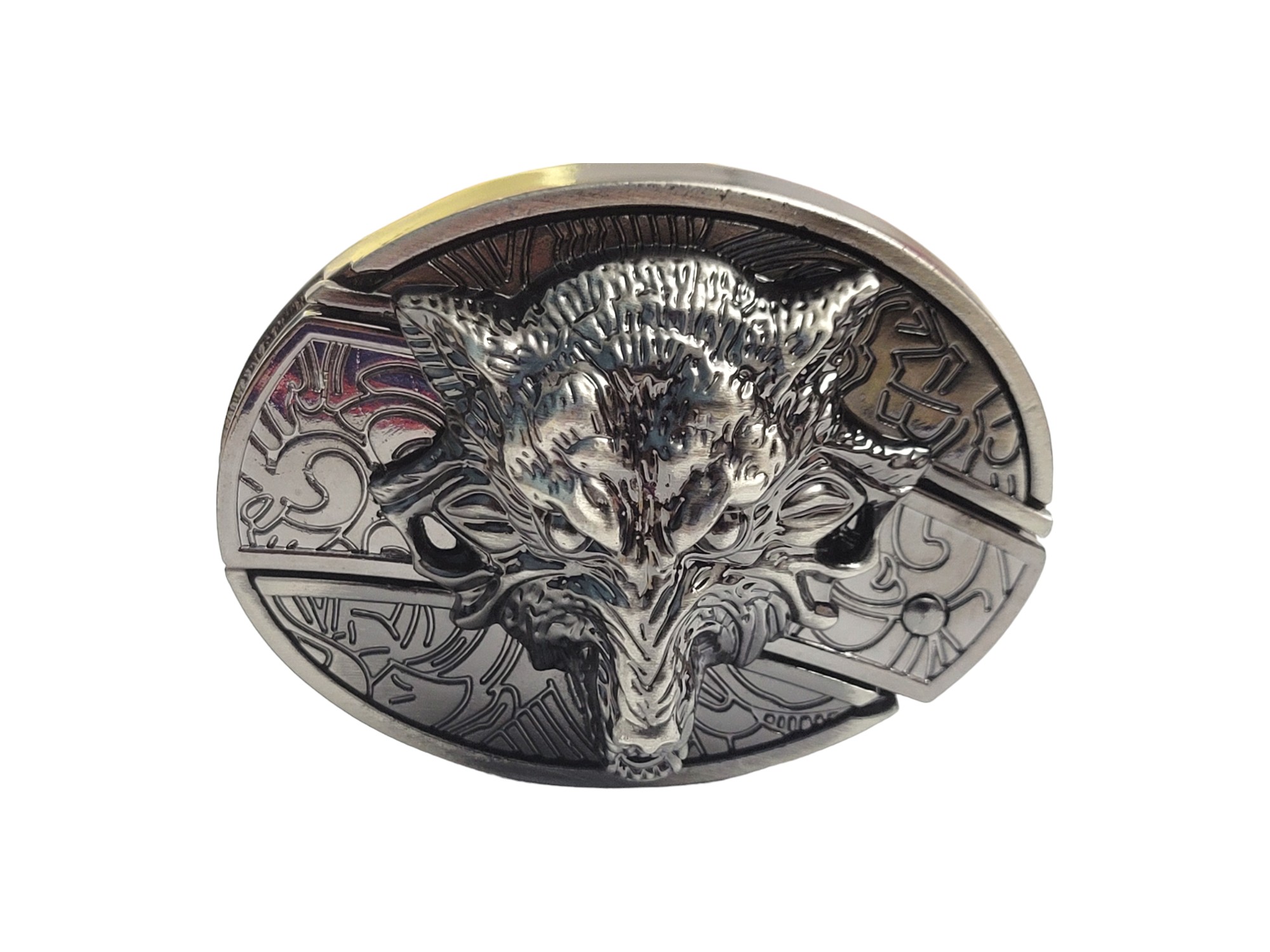 3D Antique Silver Finish Metal Wolf Head Belt Buckle Folding Pocket Knife With Personalization Option (1)
