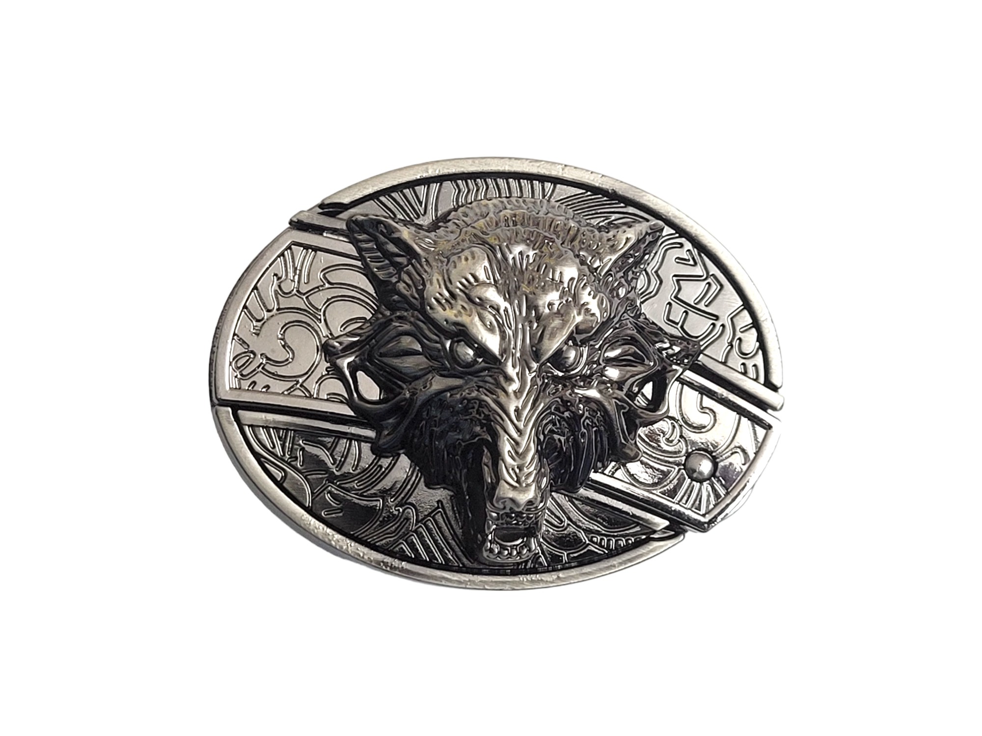 3D Antique Silver Finish Metal Wolf Head Belt Buckle Folding Pocket Knife With Personalization Option (3)