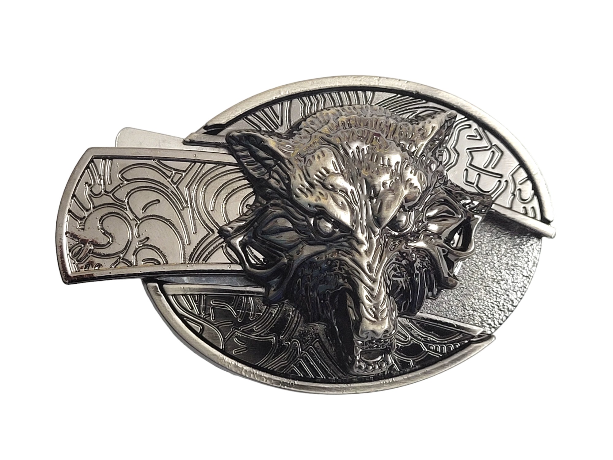 3D Antique Silver Finish Metal Wolf Head Belt Buckle Folding Pocket Knife With Personalization Option (4)