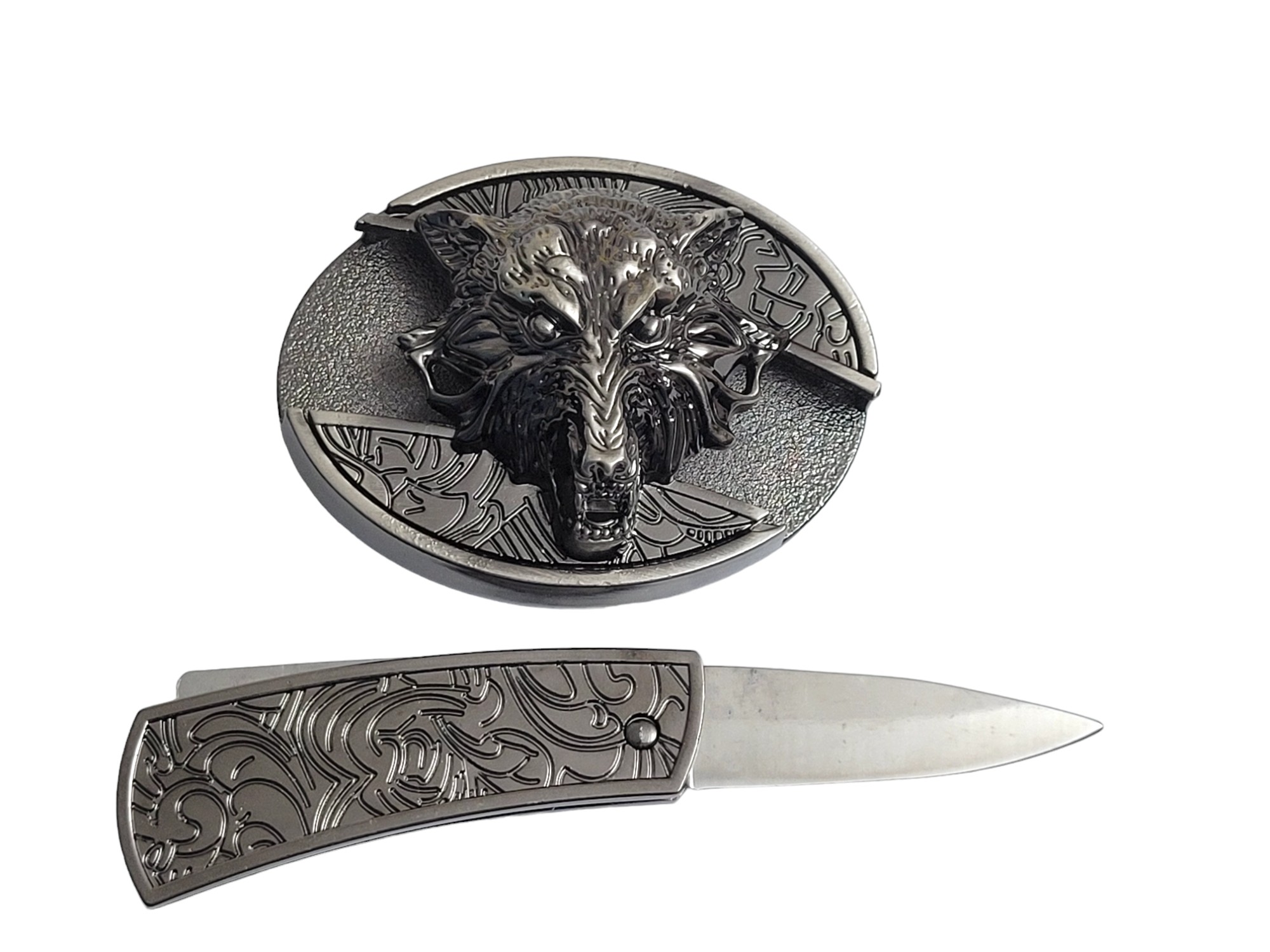 3D Antique Silver Finish Metal Wolf Head Belt Buckle Folding Pocket Knife With Personalization Option (6)