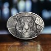 3D Tiger Head Folding Knife Belt Buckle Silver Finish Zinc Alloy