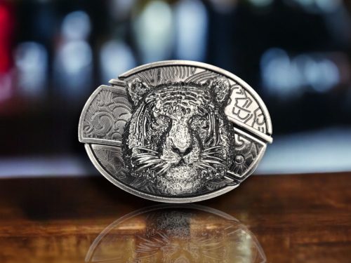 3D Tiger Head Folding Knife Belt Buckle Silver Finish Zinc Alloy