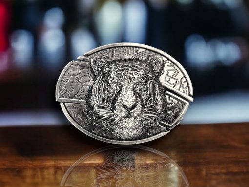 3D Tiger Head Folding Knife Belt Buckle Silver Finish Zinc Alloy