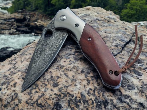 Damascus Steel Pocket Folding Knife With Rose Wood Handle