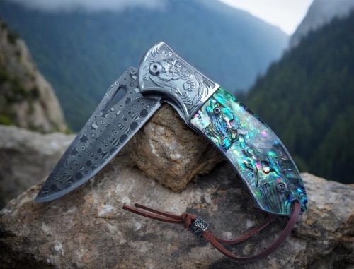 Damascus Engraved Abalone Handle Pocket Knife -EDC