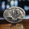 Folding Knife Belt Buckle featuring a 3D Soaring Eagle and American Flag design with laser engraving option.