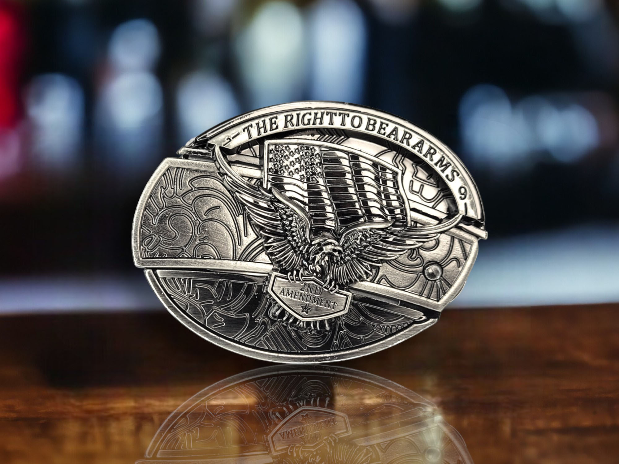 Folding Knife Belt Buckle featuring a 3D Soaring Eagle and American Flag design with laser engraving option.