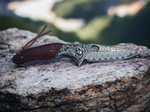 Damascus Steel EDC Pocket Knife With Rose Wood Handle