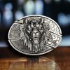 3D Lion Head on a belt buckle with hidden folding pocket knife