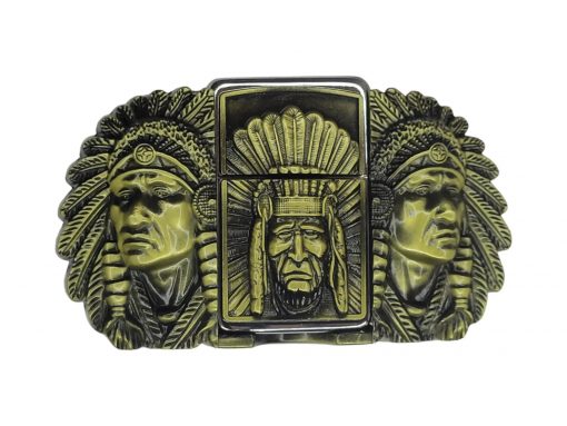 Triple Elders Lighter Belt Buckle Holder with bold triple elders motif and hidden brass-finish lighter