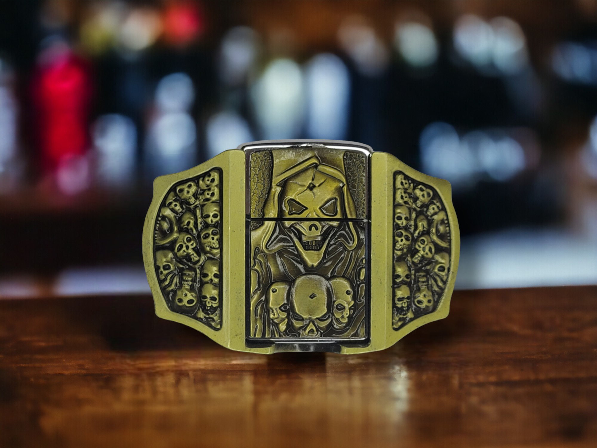 Skulls & Reaper Lighter Belt Buckle featuring intricate skull and reaper designs with an integrated brass-finish lighter.
