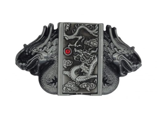 Dual Dragon Lighter Belt Buckle Holder with integrated silver-finish lighter in a silver finish Buckle