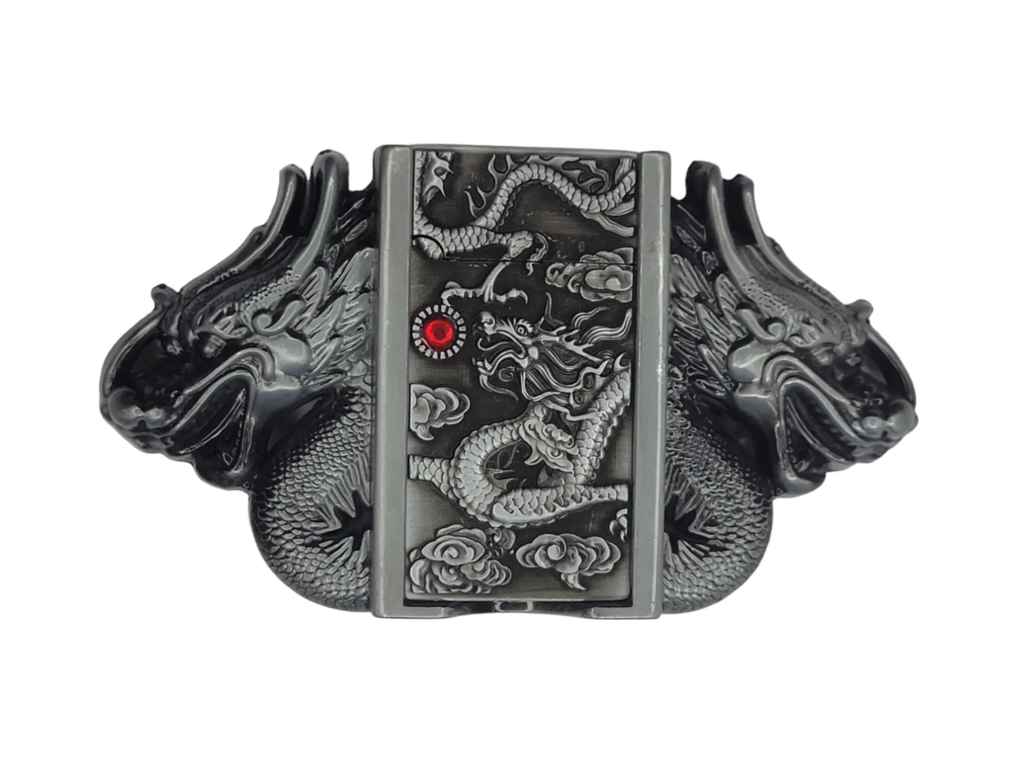 Fair Impex - Unisex Belt Buckle With Lighter (4) Dual Dragon Lighter Belt Buckle Holder with integrated silver-finish lighter in a silver finish Buckle