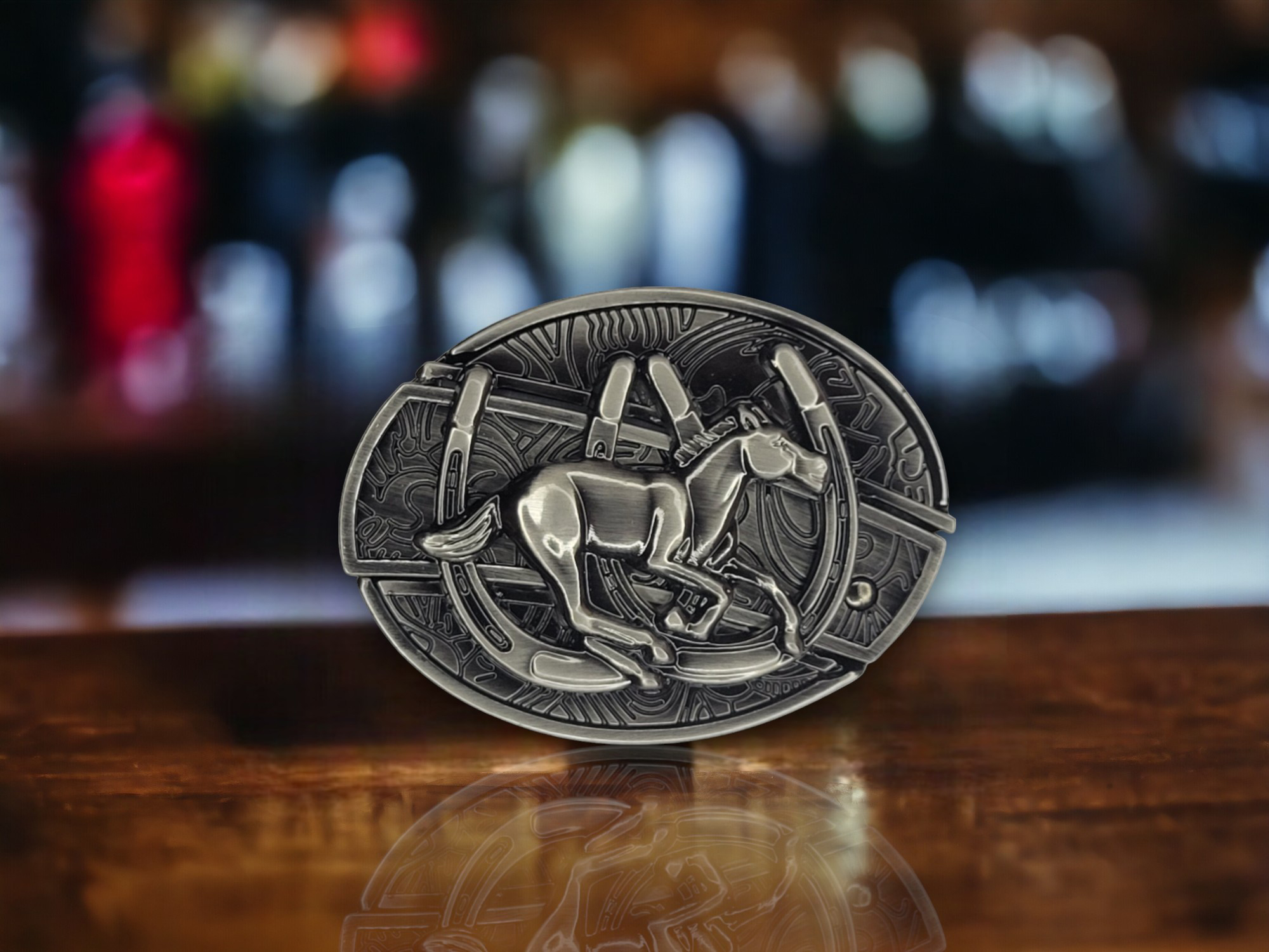 Galloping Horse With 2 Horse Shoe With Folding Knife Belt Buckle