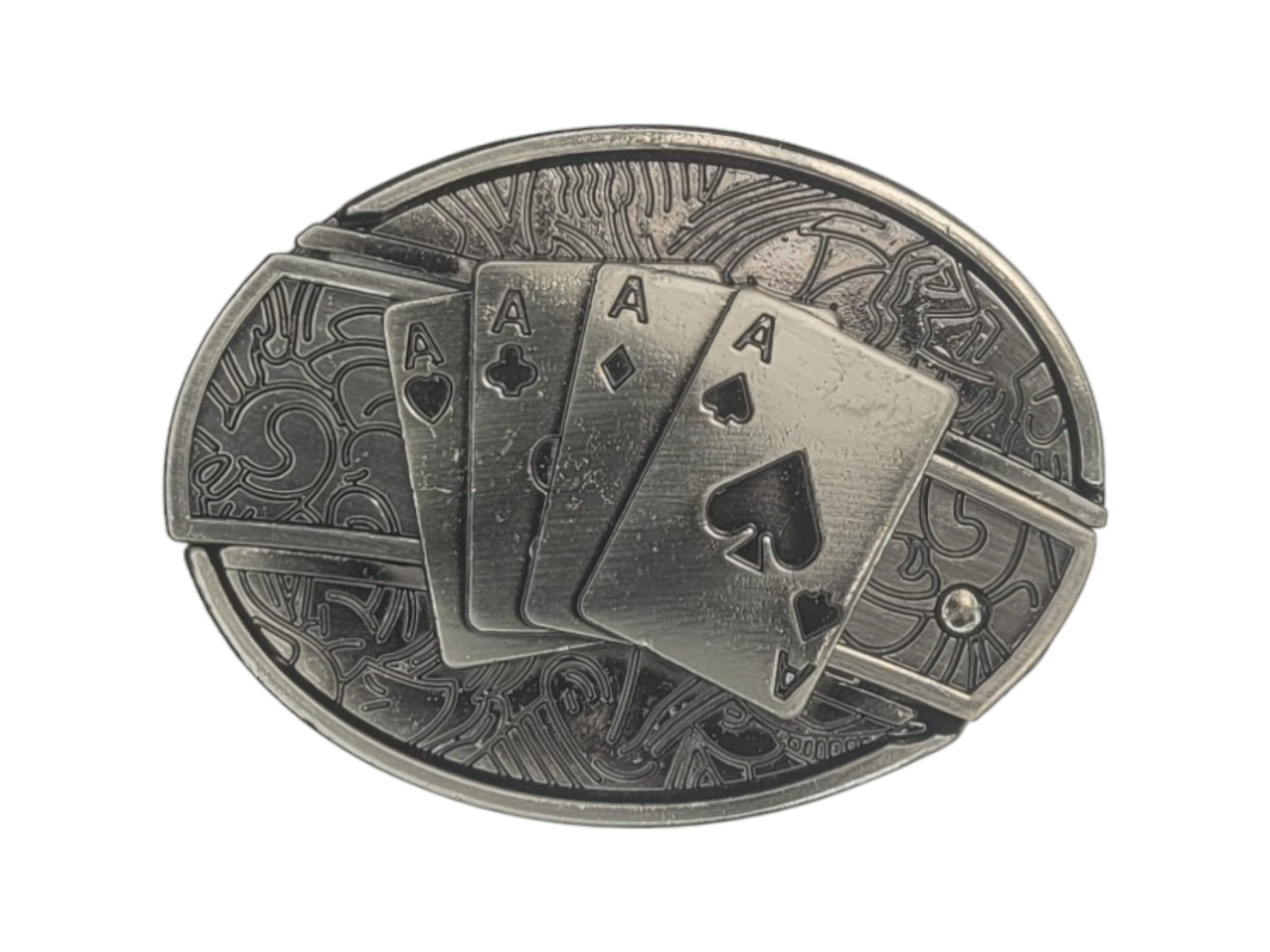 Folding Knife Belt Buckle with a 3D 4 Aces design and concealed knife access