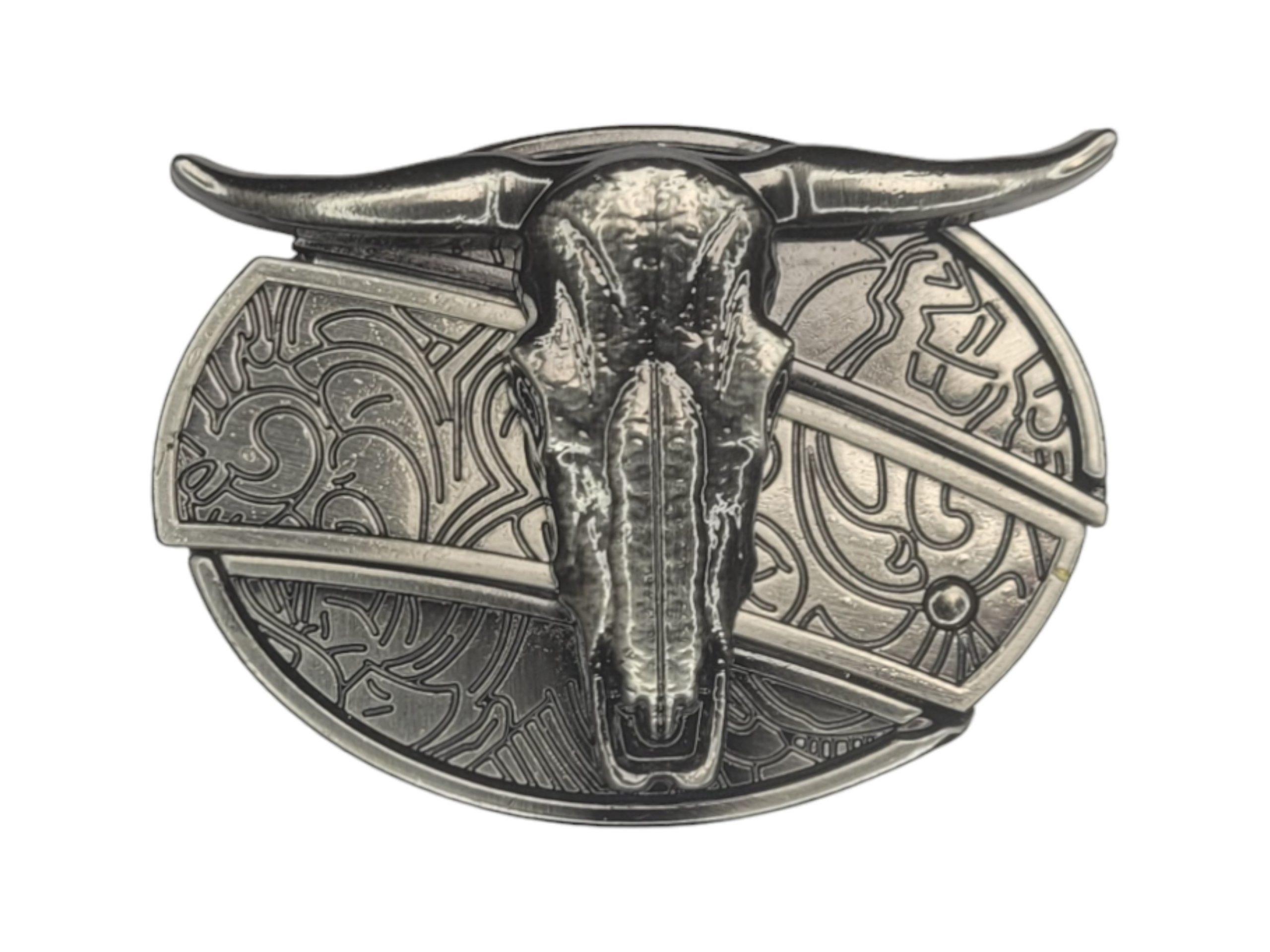 Folding Knife Belt Buckle with a 3D Longhorn Cattle Skull design and laser engraving option.