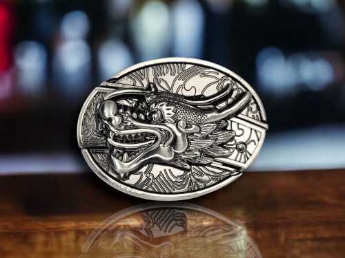 Folding Knife Belt Buckle featuring a 3D dragon head design with complimentary laser engraving option.