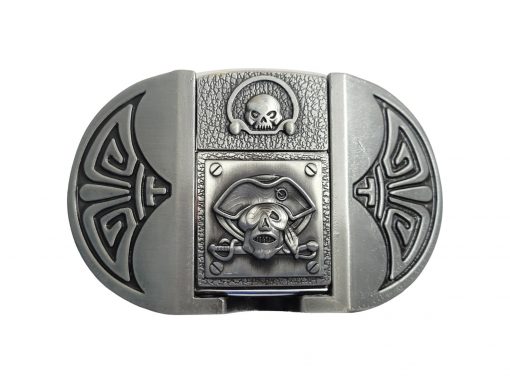 Antique Silver Finish Metal Pirate Skulls Lighter Belt Buckle featuring bold pirate skull designs and integrated brass-finish lighter