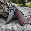 Artisan Damascus Steel Folding Knife with a handcrafted rosewood handle and engraved blade.